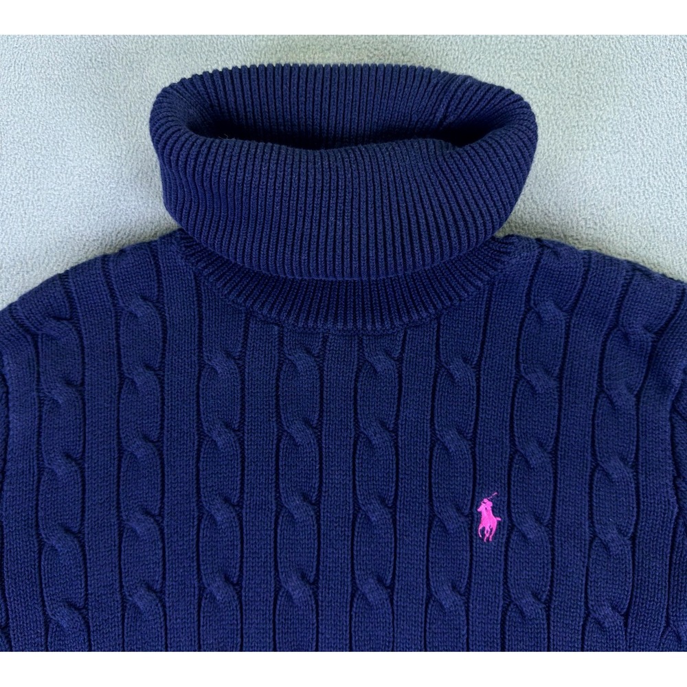 Ralph Lauren Sport Sweater Dress Large Blue Cable Knit Roll Neck Old Money Prep - Picture 5 of 9
